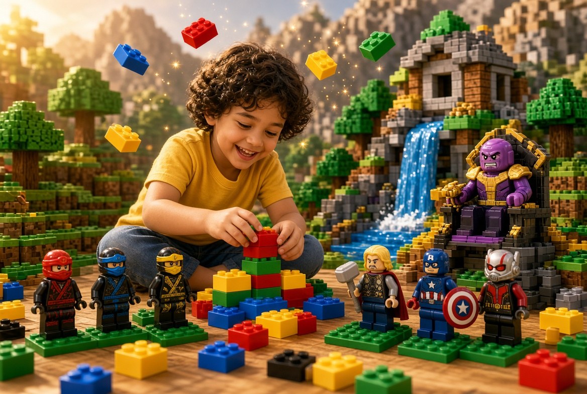 Enfant de 6 ans qui construit un monde Minecraft avec ninjas et héros